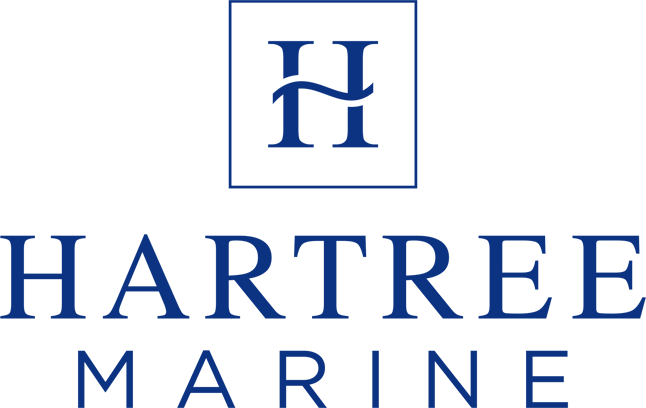 Hartree Marine identity, with a blue H monogram and wordmark