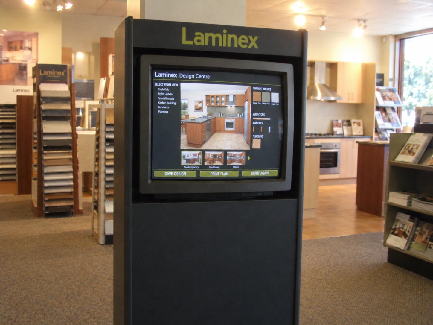 AI recreation of a 1990s Laminex Design Wizard touchscreen kiosk in a showroom