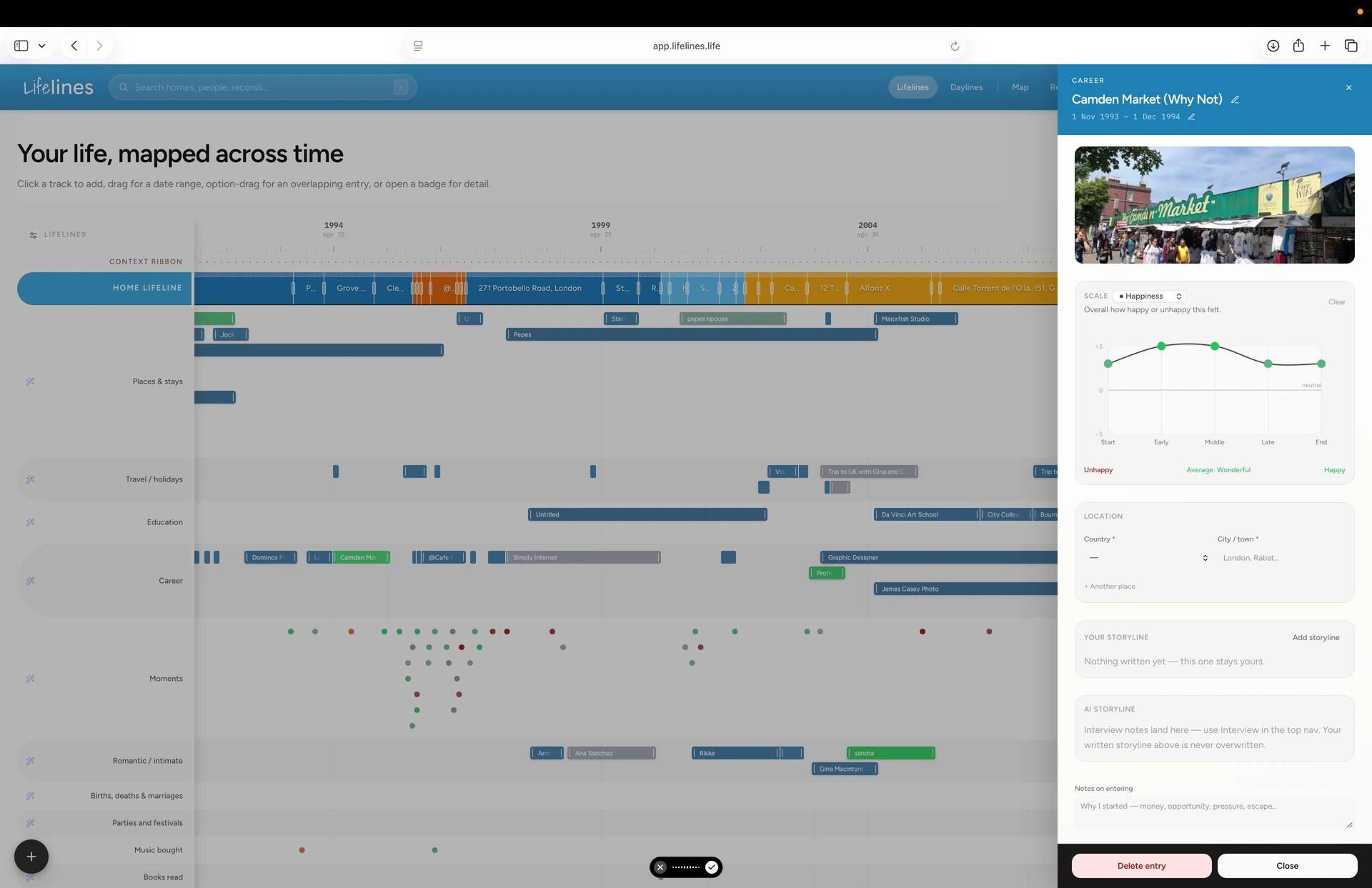 Lifelines interface showing connected life events on a timeline, with the Camden Market career event, photograph and happiness curve open alongside